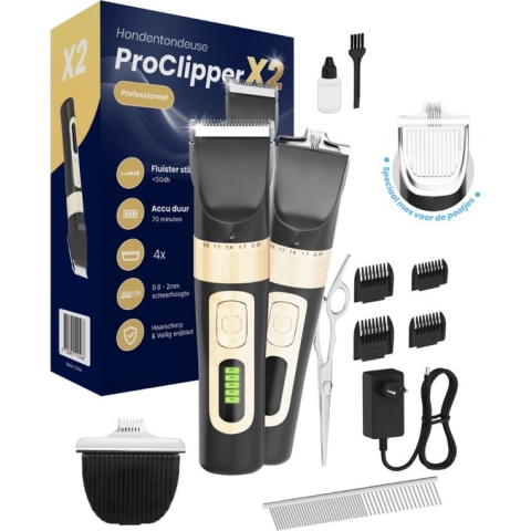 Brightbrand ProClipper X2 professionele 2-in-1 Hondentondeuse - Professionele hondentondeuse trimset - Honden verzorging - Voor dikke vacht - Complete set - Draadloos - Inclusief 4 opzetstukken - Hondenschaar - Nagelknipper