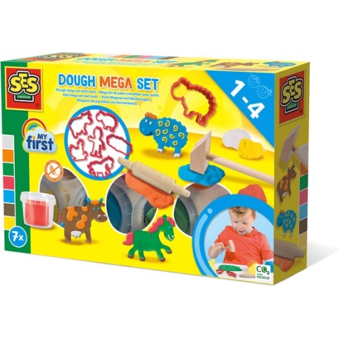 SES - My First - Klei mega set met tools - glutenvrije klei in heldere kleuren - droogt niet uit - boerderij uitsteekvormen - met houten deegroller en hamer -