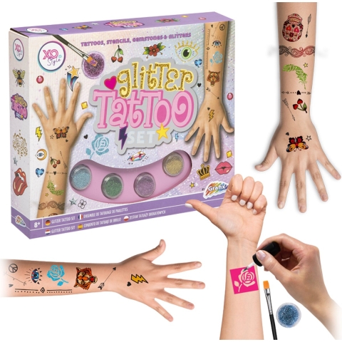 Grafix Mega Glitter Tattoo Set | Glitter Tattoos | 4 kleuren | Met lijm & Kwast | 36 Tattoos | Plak tattoos voor Kinderen