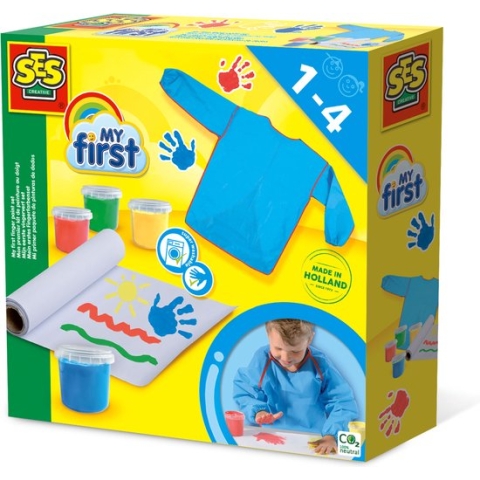 SES - My First - Mijn eerste vingerverf set - 4 kleuren verf - inclusief schort en rol papier (2 meter) - hypoallergeen - makkelijk uitwasbaar
