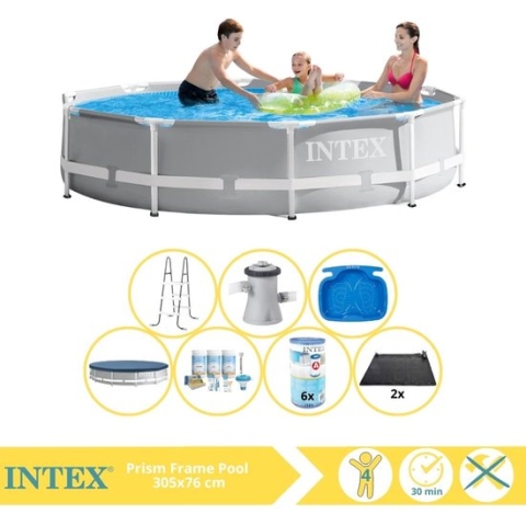 Intex Prism Frame Zwembad - Opzetzwembad - 305x76 cm - Inclusief Afdekzeil, Onderhoudspakket, Filter, Solar Mat, Trap en Voetenbad