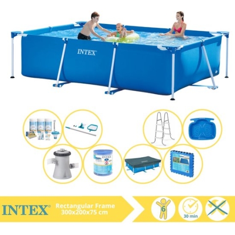 Intex Rectangular Frame Zwembad - Opzetzwembad - 300x200x75 cm - Inclusief Afdekzeil, Onderhoudspakket, Zwembadpomp, Filter, Onderhoudsset, Trap, Voetenbad en Zwembadtegels