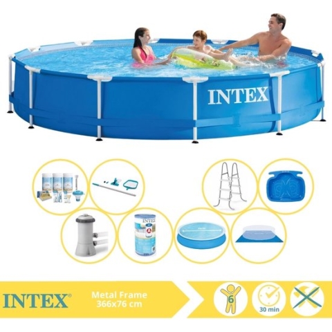 Intex Metal Frame Zwembad - Opzetzwembad - 366x76 cm - Inclusief Solarzeil, Onderhoudspakket, Zwembadpomp, Filter, Grondzeil, Onderhoudsset, Trap en Voetenbad