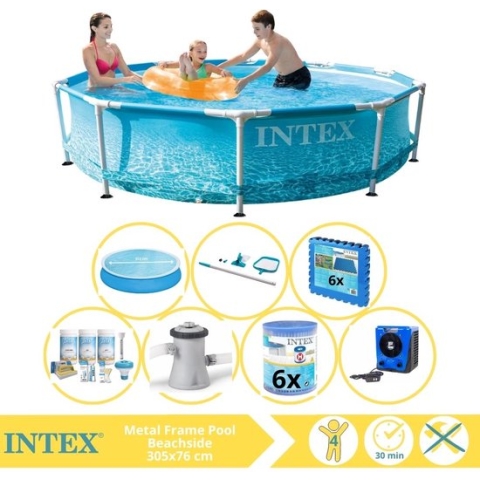 Intex Metal Frame Zwembad - Opzetzwembad - 305x76 cm - Inclusief Solarzeil, Onderhoudspakket, Zwembadpomp, Filter, Onderhoudsset, Zwembadtegels en Warmtepomp HS