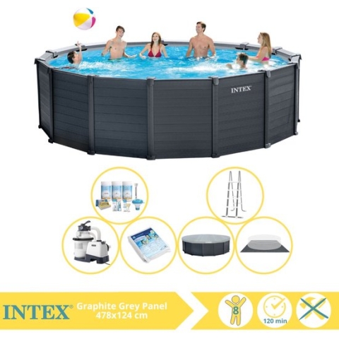 Intex Graphite Gray Panel Zwembad - Opzetzwembad - 478x124 cm - Inclusief Onderhoudspakket en Glasparels