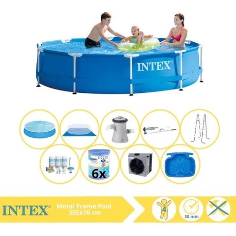 Intex Metal Frame Zwembad - Opzetzwembad - 305x76 cm - Inclusief Solarzeil, Onderhoudspakket, Filter, Grondzeil, Stofzuiger, Trap, Voetenbad en Warmtepomp CP