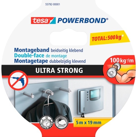 Tesa powerbond ultra strong dubbelzijdige montagetape - 5 m x 19 mm.