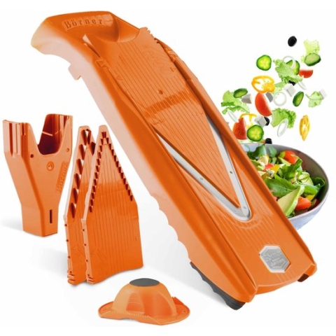 Börner Mandoline V5 PowerLine - Inclusief Opbergbox - Geleverd in mooie doos - 6-delige set - 7 snijdiktes - Geschikt als Frietsnijder - BPA-vrij en Roestvrij - Oranje