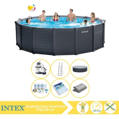 Intex Graphite Gray Panel Zwembad - Opzetzwembad - 478x124 cm - Inclusief Onderhoudspakket en Glasparels