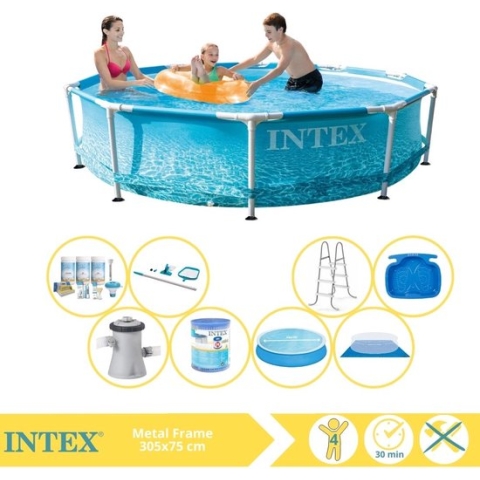 Intex Beachside Metal Frame Zwembad - Opzetzwembad - 305x76 cm - Inclusief Solarzeil, Onderhoudspakket, Filter, Grondzeil, Onderhoudsset, Trap en Voetenbad