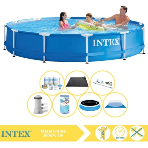Intex Metal Frame Zwembad - Opzetzwembad - 366x76 cm - Inclusief Solarzeil Pro, Onderhoudspakket, Zwembadpomp, Filter, Grondzeil, Stofzuiger en Solar Mat