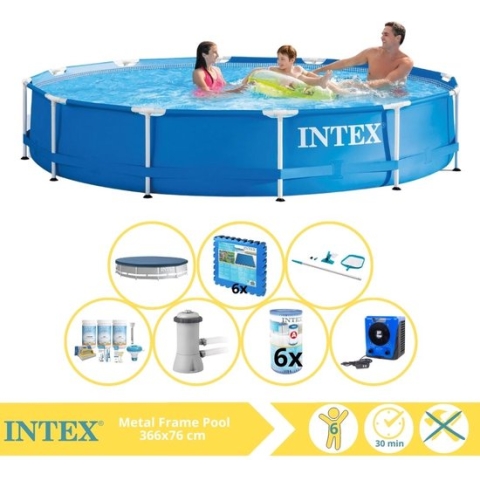 Intex Metal Frame Zwembad - Opzetzwembad - 366x76 cm - Inclusief Afdekzeil, Onderhoudspakket, Zwembadpomp, Filter, Onderhoudsset, Zwembadtegels en Warmtepomp HS