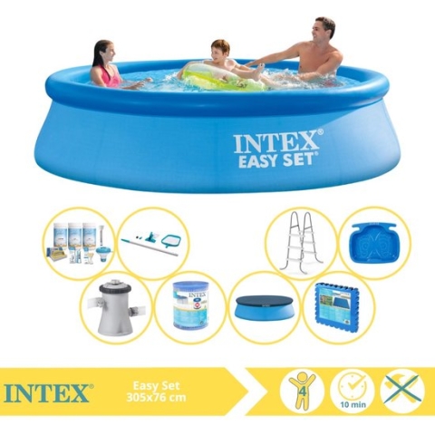 Intex Easy Set Zwembad - Opblaaszwembad - 305x76 cm - Inclusief Afdekzeil, Onderhoudspakket, Filter, Onderhoudsset, Trap, Voetenbad en Zwembadtegels