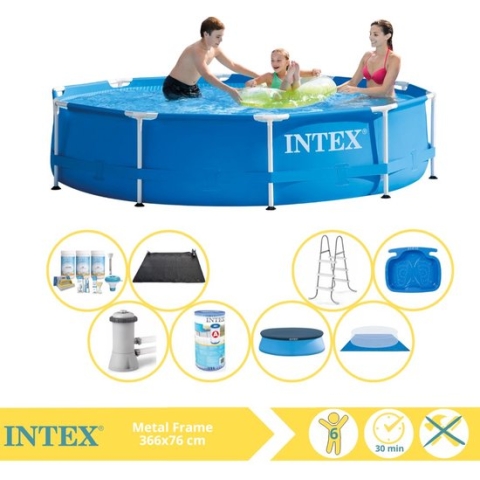 Intex Metal Frame Zwembad - Opzetzwembad - 366x76 cm - Inclusief Afdekzeil, Onderhoudspakket, Filter, Grondzeil, Solar Mat, Trap en Voetenbad