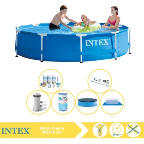 Intex Metal Frame Zwembad - Opzetzwembad - 366x76 cm - Inclusief Afdekzeil, Onderhoudspakket, Filter, Grondzeil en Stofzuiger