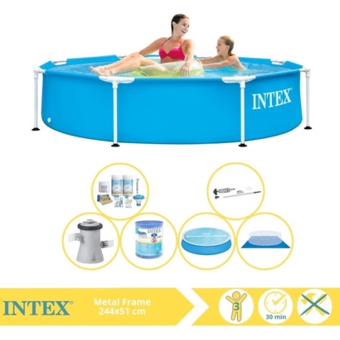 Intex Metal Frame Zwembad - Opzetzwembad - 244x51 cm - Inclusief Solarzeil, Onderhoudspakket, Zwembadpomp, Filter, Grondzeil en Stofzuiger