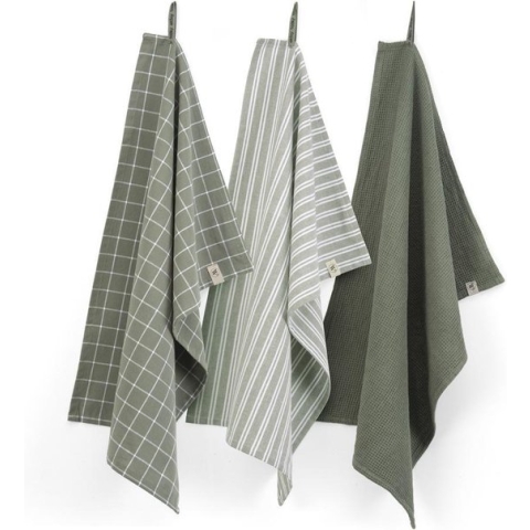 Walra Theedoeken Dry with Cubes, Stripes & Blocks - Keukenhanddoeken 3 x 50x70cm - Theedoeken en Keukendoeken set 100% Katoen - Legergroen