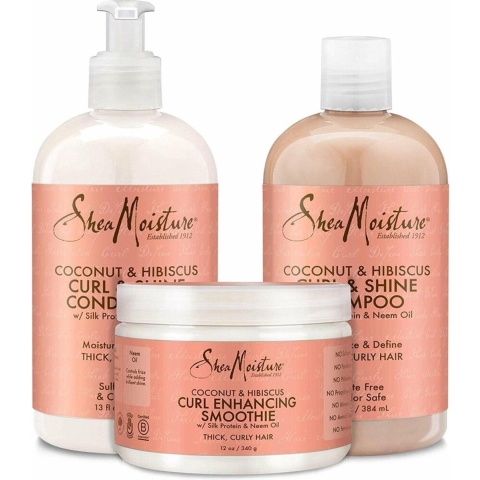 Shea Moisture Coconut & Hibiscus - Shampoo Conditioner & Curl Enhancing Smoothie - Curl & Shine Care Pakket van 3