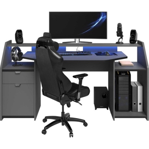 Parisot Game bureau MOBA - Met opbergruimte - Antraciet - Ledverlichting L 180 cm x H 92 cm x D 67 cm