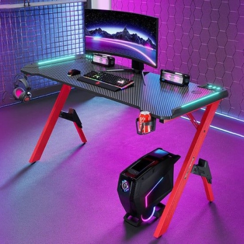 Never give up - Game Bureau - 140 cm - zwart-rood - Gamingdesk - met LED-verlichting - Carbon met P2-hout van de hoogste kwaliteit - Trendmodel