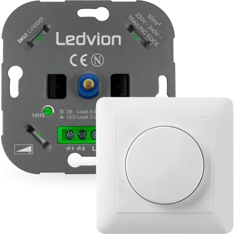 Ledvion Led Dimmer, 3, 250 Watt, Universele LED Dimmer, Led Dimmer Inbouw, Dimmer Schakelaar, Dimmer Afdekplaat, Dimmer Afdekraam