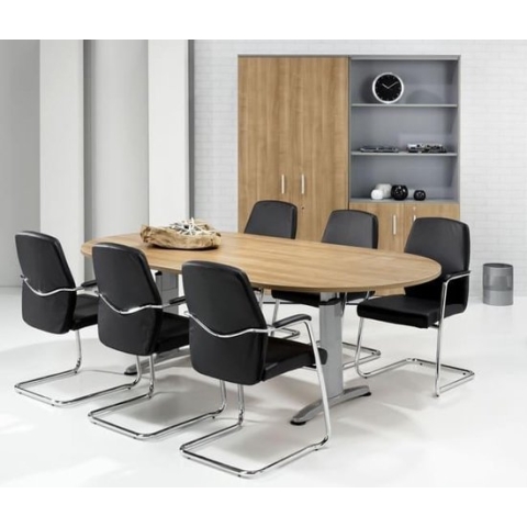 Hoogte verstelbare ovale t-poot vergadertafel Work breed 240CM diep 120CM bladkleur Licht Eiken framekleur Antraciet (Ral 7016)