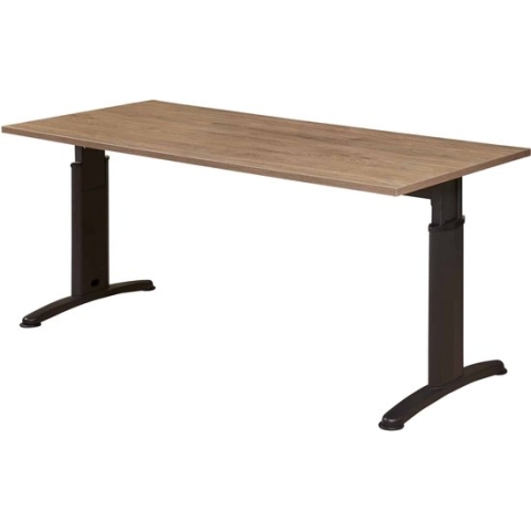 Hoogte verstelbare rechthoekige T-poot vergadertafel Work 200x100cm breed diep bladkleur Halifax Eiken framekleur Zwart (RAL9005)