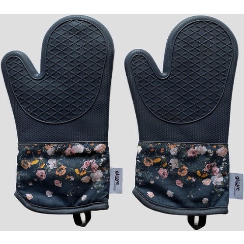 Kachelhandschoen paar: oven- grillhandschoenen van siliconen en katoen, zeer hittebestendig, antislip, afwasbaar met bloemenpatroon