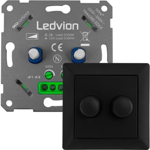 Ledvion Led Dimmer, 2x 3, 100 Watt, Led Dimmer Inbouw, Dimmer Schakelaar, Dimmer Afdekraam -Dimmer Afdekplaat, Duo Dimmer, Duo Dimmer Zwart