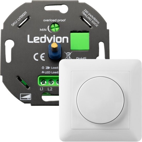 Ledvion Led Dimmer, 3, 200 Watt, Universele LED Dimmer, Led Dimmer Inbouw, Dimmer Schakelaar, Dimmer afdekraam, Dimmer Afdekplaat