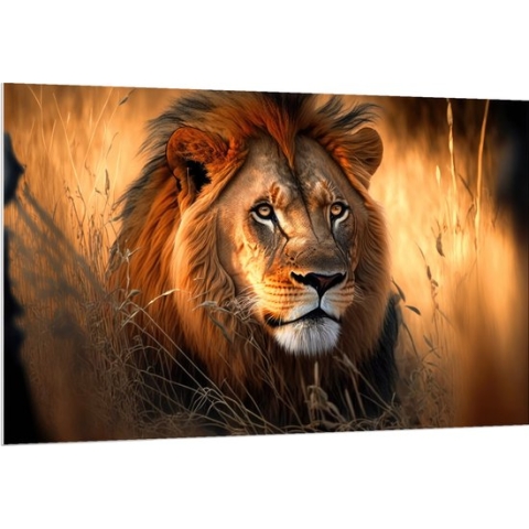 PVC Schuimplaat- Prachtige Mannelijke Leeuw tussen de Hoge Grassen - 150x100 cm Foto op PVC Schuimplaat