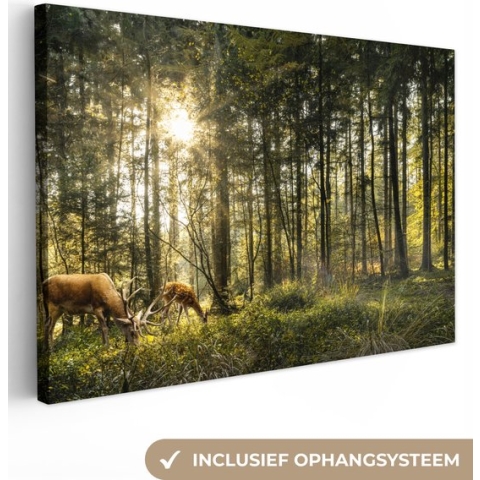 Canvas schilderij - Herten in het bos 120x80 - Kamer decoratie accessoires bomen - Schilderijen woonkamer dieren - Wanddecoratie hert slaapkamer - Muurdecoratie natuur keuken - Wanddoek interieur - Woondecoratie huis - Woonaccessoires