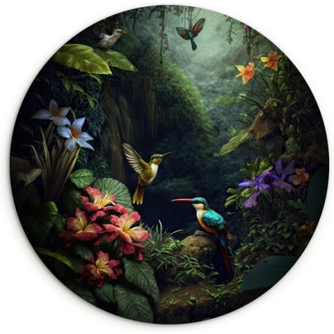 WallCircle - Wandcirkel jungle vogels 120x120 cm - Ronde schilderijen bloemen en planten - Wandbord rond - Muurdecoratie woonkamer natuur - Kamer decoratie accessoires binnen - Wanddecoratie muurcirkel - Muurcirkels - Woonaccessoires