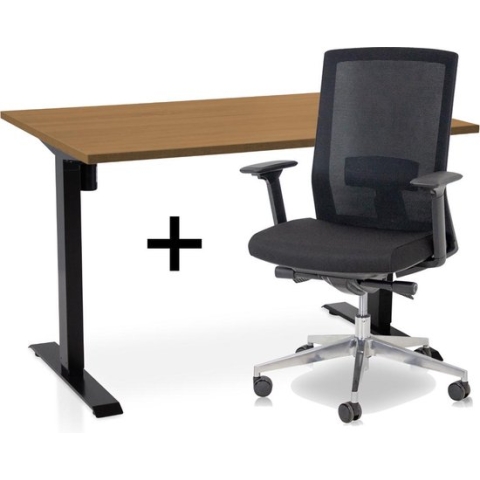 Zit-sta bureau elektrisch verstelbaar +  ERGO Bureaustoel | ARBO EASY Thuiswerkset | frame bureau zwart - bureaublad havanna | 120x80 cm