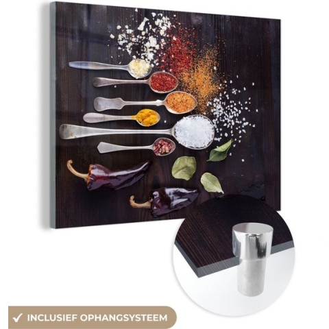 MuchoWow® Glasschilderij - Kruiden - Lepels - Specerijen - Industrieel - 80x60 cm - Acrylglas Schilderijen - Foto op Glas
