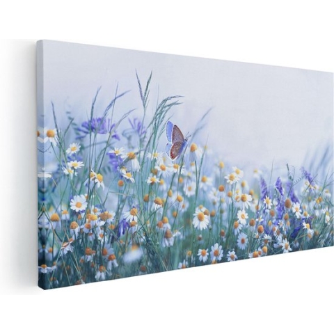 Artaza Canvas Schilderij Witte Kamille Bloemen Met Een Vlinder - 120x60 - Groot - Foto Op Canvas - Canvas Print
