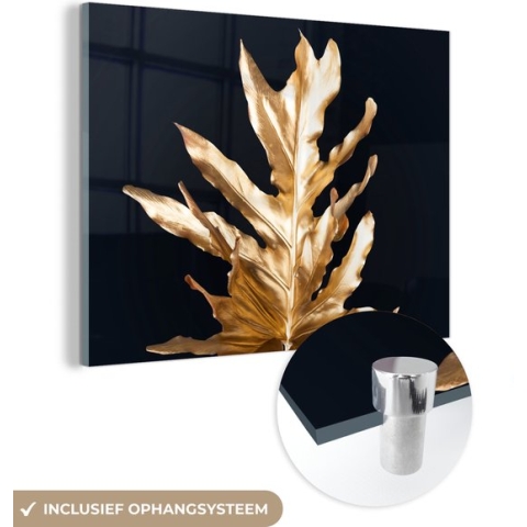 MuchoWow® Glasschilderij - Bladeren - Goud - Herfst - Natuur - Luxe - 120x90 cm - Acrylglas Schilderijen - Foto op Glas
