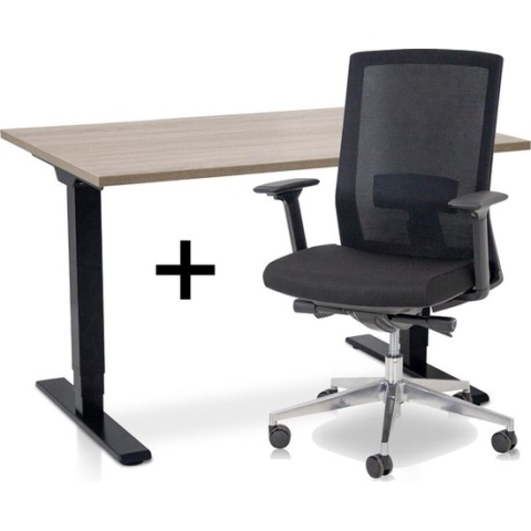 Zit-sta bureau elektrisch verstelbaar +  ERGO Bureaustoel | ARBO COMFORT NEN-EN 527 Thuiswerkset | frame bureau zwart - bureaublad midden eiken| 140x80 cm