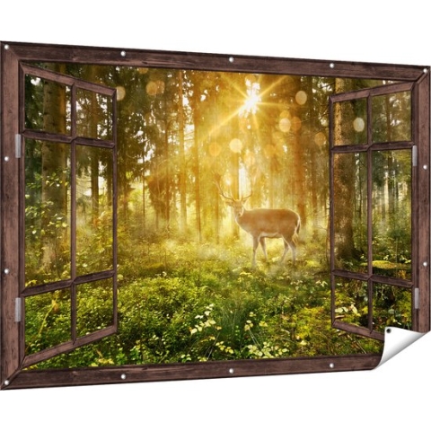 Gards Tuinposter Doorkijk Hert in Bos met Zon - 180x120 cm - Tuindoek - Tuindecoratie - Wanddecoratie buiten - Tuinschilderij