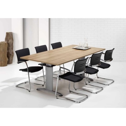 Hoogte verstelbare rechthoekige T-poot vergadertafel Work 200x100cm breed diep bladkleur Logan eiken framekleur Aluminium (RAL9006)