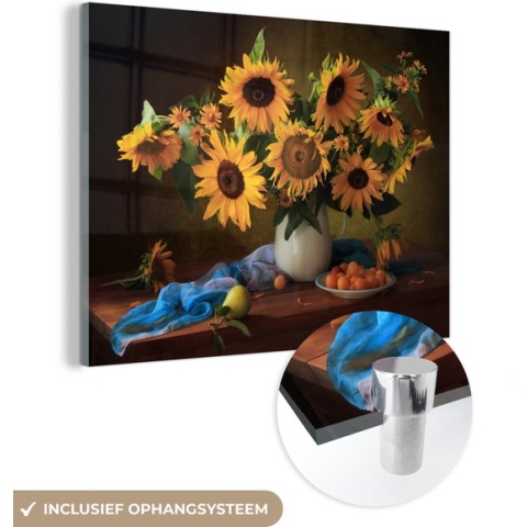 MuchoWow® Glasschilderij - Zonnebloemen - Schilderij - Stilleven - Olieverf - Fruit - 80x60 cm - Acrylglas Schilderijen - Foto op Glas