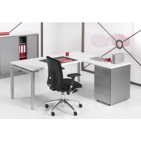4-Poots hoekbureau met ladenblok Kubus 180 x160cm Ladeblok 4 lades met pennenlade bladkleur Ahorn framekleur Zwart (RAL9005) hoek Rechts