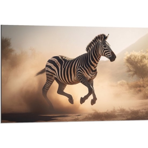 Dibond - Rennende Zebra over het Landschap van Afrika - 90x60 cm Foto op Aluminium (Wanddecoratie van metaal)