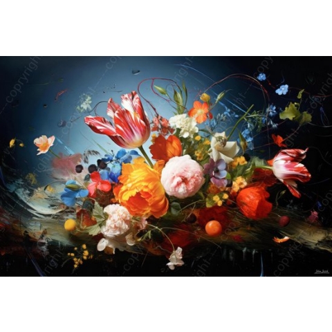 JJ-Art (Aluminium) 60x40 | Bloemen, boeket, stilleven, geschilderde stijl, kunst | abstract, kleurrijk, felle kleuren, blauw, rood, oranje, geel, groen, roze, modern | foto-schilderij op dibond, metaal wanddecoratie