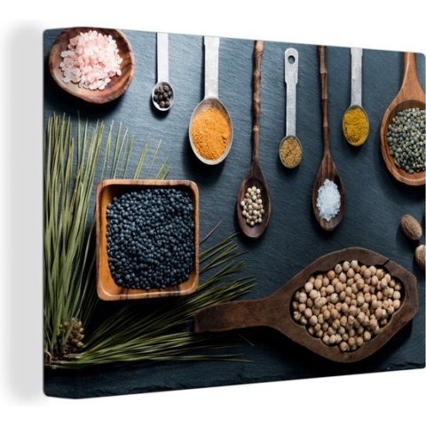 Canvas Schilderij Kruiden - Lepels - Specerijen - Keuken - 120x90 cm - Wanddecoratie