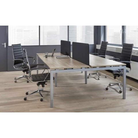 Hoogte verstelbare Bench werkplek Kubus breed 420CM bladkleur Lichtgrijs framekleur Wit (RAL9010) aantal werkplekken 6