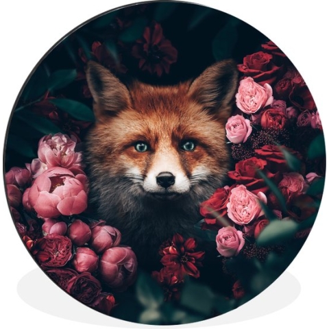 WallCircle - Wandcirkel - Muurcirkel - Vos - Bloemen - Botanisch - Dieren - Aluminium - Dibond - 60x60 cm - Binnen en Buiten