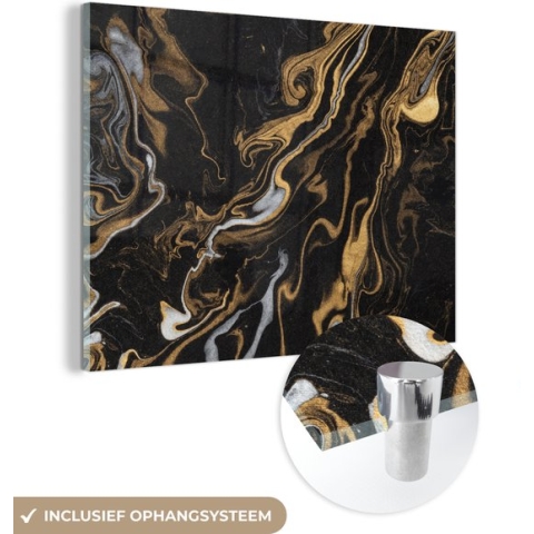 MuchoWow® Glasschilderij - Marmer - Zilver - Goud - Abstract - 120x90 cm - Acrylglas Schilderijen - Foto op Glas