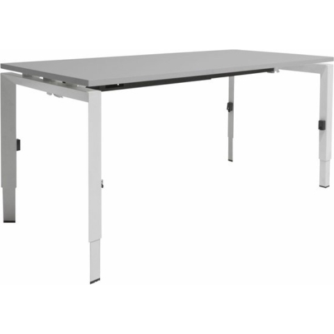 Linesto N3 bureau, hoogte instelbaar (65-85cm) met 140x80cm havana/ kersen licht zwevend 25mm blad en wit (RAL9010) vierpoot N-frame (poot driehoekig 50x50x75 mm.), (met geïntegreerde kabelgoot)