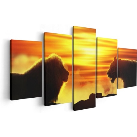Artaza Canvas Schilderij Vijfluik Leeuw En Tijger - Silhouet - Zonsopkomst - 100x50 - Foto Op Canvas - Canvas Print